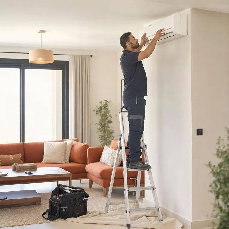 Un technicien installe une climatisation dans un salon