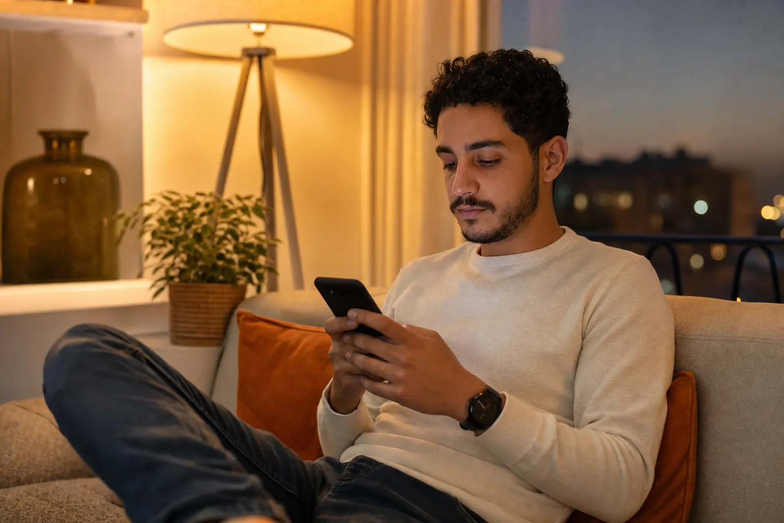 Un client écrit sur son téléphone, tard le soir chez lui