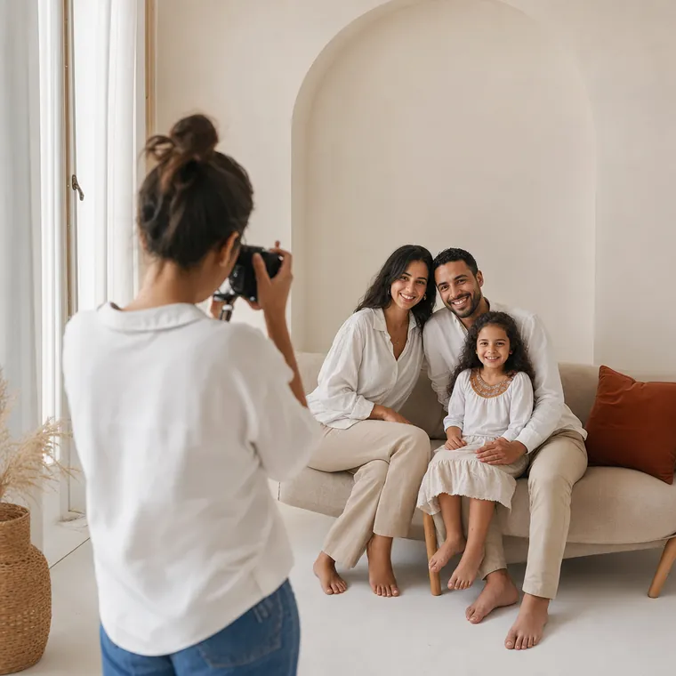 Une photographe prend en photo une famille dans son studio